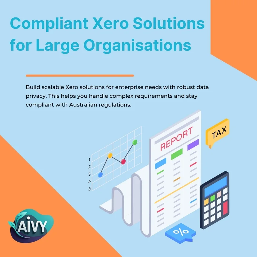 Aivy AI automation agency banner for enterprise-grade Xero integration services in Australia, showing headline "Compliant Xero Solutions for Large Organisations," graphics of reports, calculators, and secure data icons, with text on scalable solutions, Australian compliance, and secure data handling.