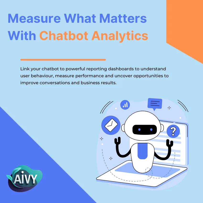 Illustration showing AI chatbot analytics dashboard with charts and reports, representing chatbot performance tracking and data insights — Aivy Chatbot Development Australia.