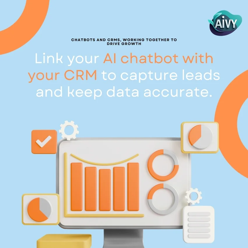 Illustration showing AI chatbot and CRM integration with charts and automation icons — Aivy Chatbot Development Australia.