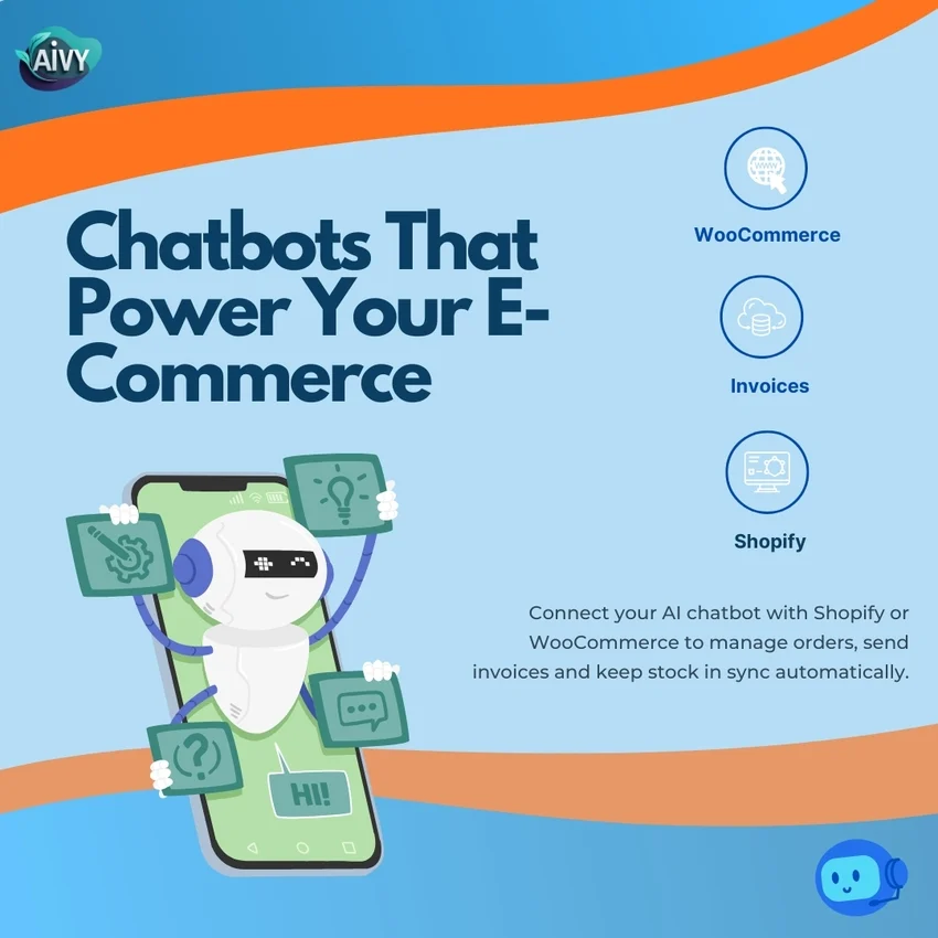 Illustration showing AI chatbot integration with e-commerce tools like Shopify and WooCommerce for automated invoices and stock management — Aivy Chatbot Development Australia.