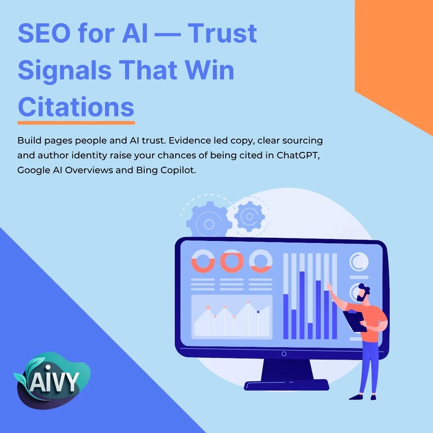 Authority and trust signals artwork showing dashboard, headline and copy about citations in ChatGPT and Google AI.