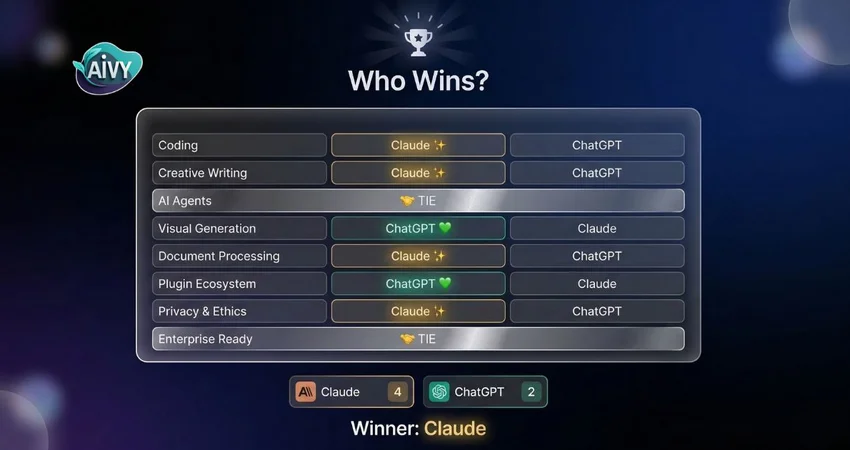 Battle scorecard comparing Claude and ChatGPT across coding writing and business categories