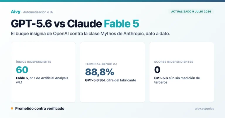 Comparativa GPT-5.6 vs Claude Fable 5 y Opus 4.8: Fable 5 lidera el índice independiente con 60, GPT-5.6 Sol declara 88,8% en Terminal-Bench y aún no tiene mediciones de terceros