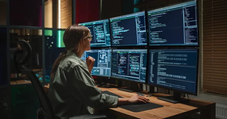 Una programadora trabaja ante seis monitores llenos de código, el tipo de trabajo que Claude ya hace a gran escala en Anthropic