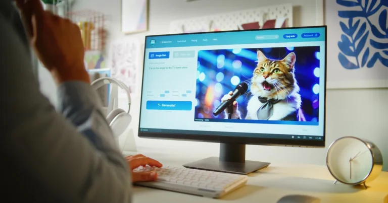 Una persona escribe una instrucción en un generador de imágenes con IA y la pantalla muestra un gato cantando con un micrófono, el tipo de imagen que ahora crea Canva Craft