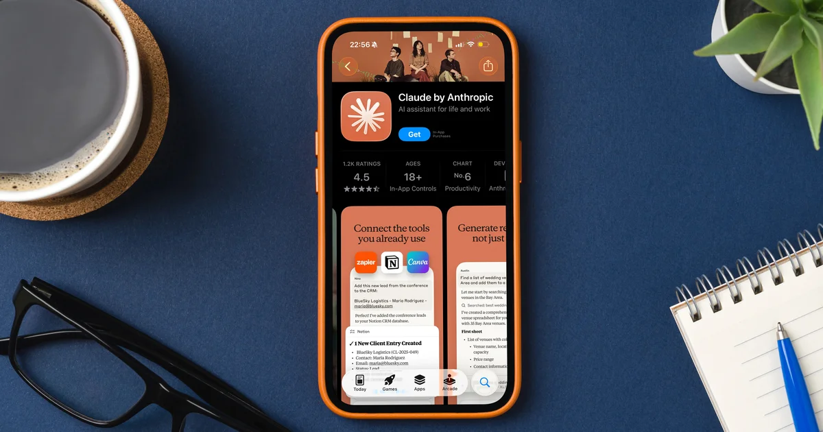 Móvil sobre una mesa con la ficha de la app Claude by Anthropic en la App Store y sus conectores con otras herramientas, para ilustrar el acceso a tus apps que pide un agente como Claude Duet