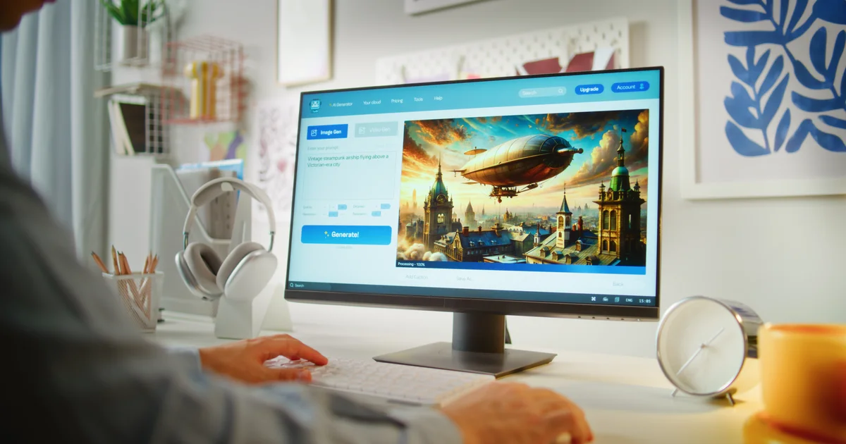 Persona usando un generador de imágenes con IA en un ordenador que muestra un dirigible sobre una ciudad antigua, el tipo de herramienta de dibujo con la que los dos modelos escondieron mensajes