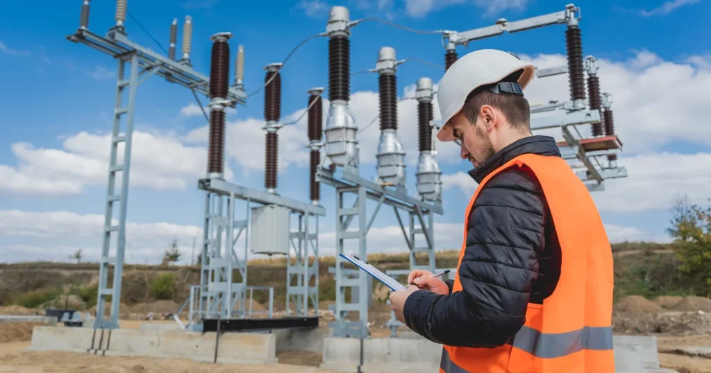 Un ingeniero con casco consulta una tableta junto a equipos de alta tensión en una subestación, la conexión a la red de la que depende un gran centro de datos