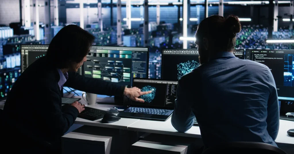 Dos ingenieros revisan pantallas en un centro de datos de noche, la infraestructura de IA cuya seguridad cuestiona un antiguo experto de OpenAI